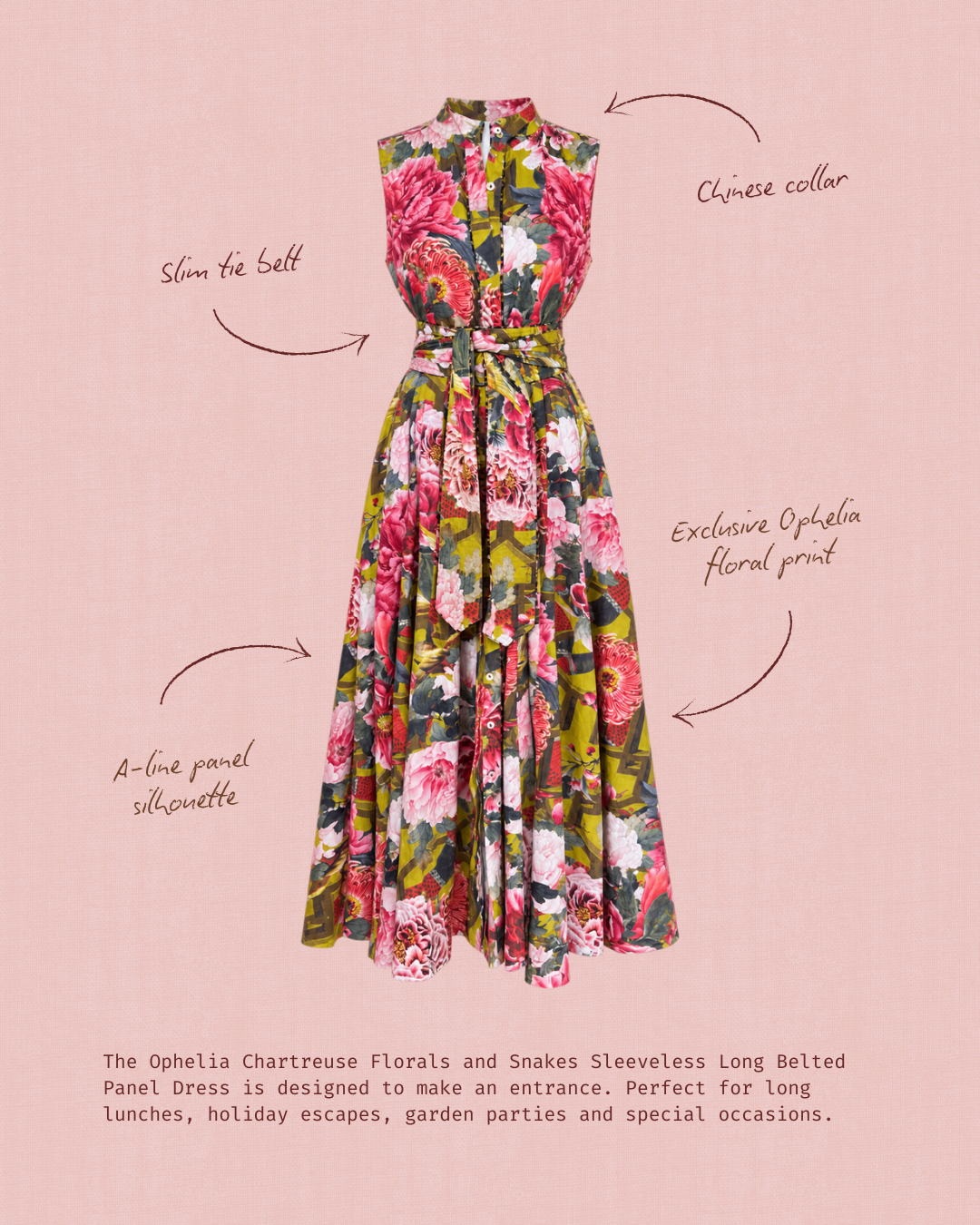 Ophelia Chartreuse Florals Sleeveless Long belted Panel dress