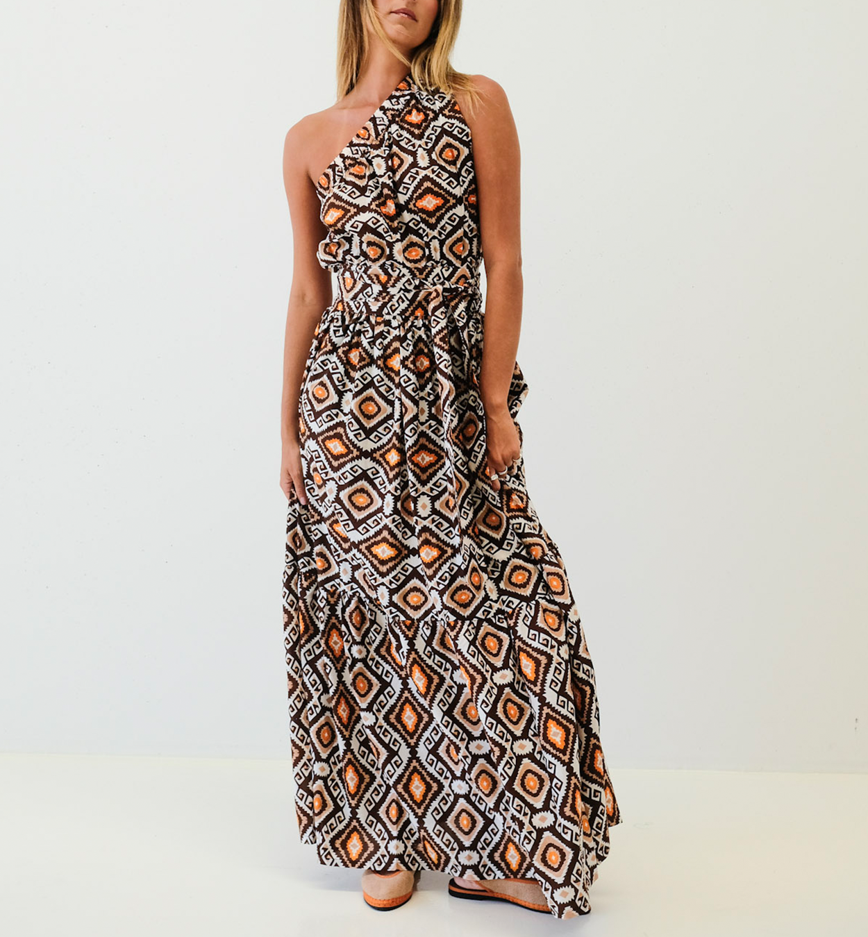 Aztec One Shoulder Belted Tiered Dress  itsafad