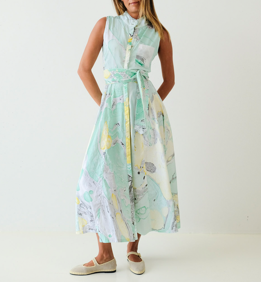Teal Marbled Sleeveless & Belted Long Panel Dress