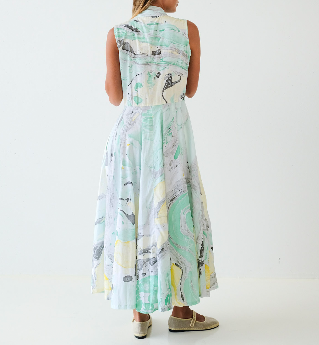 Teal Marbled Sleeveless & Belted Long Panel Dress