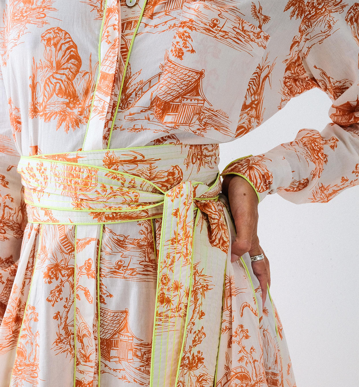 Orange Toile Chinoiserie Long Sleeve Panel Dress