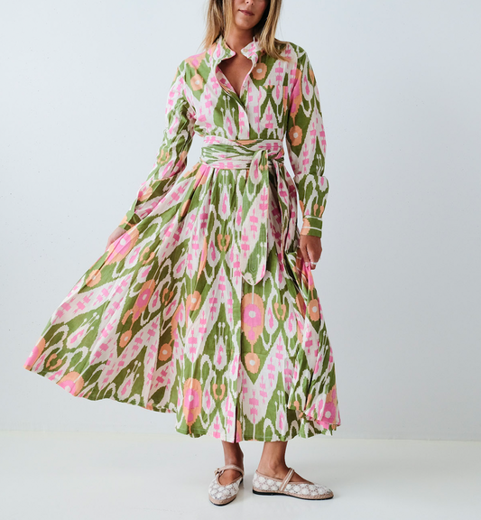 Pink and Green Ikat Panel Dress