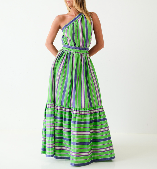 San Remo One Shoulder Tiered Belted Dress