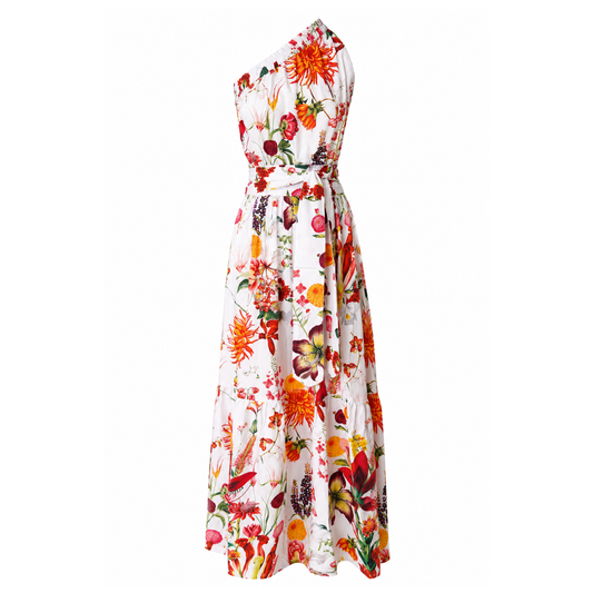 A one-shoulder midi dress with a vibrant multicolor floral print on a white base, featuring a matching self-tie belt at the waist.