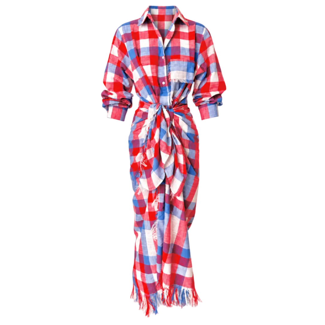 A red, white, and blue plaid long-sleeve shirt dress with a tie waist and fringed hem, shown on a plain white background.