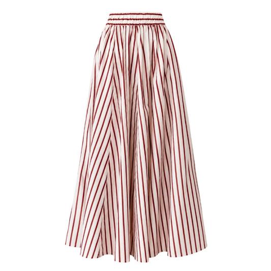 A skirt with vertical red stripes on a white background, featuring an elastic waistband with a thin red trim.