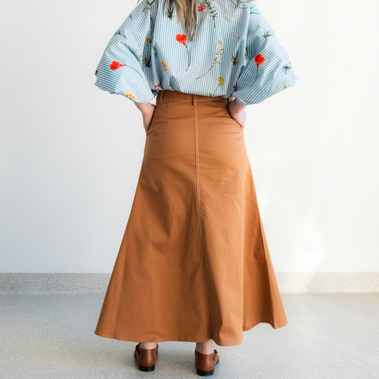 Cognac Poplin Flute Skirt