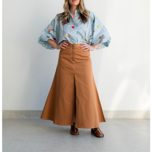 Cognac Poplin Flute Skirt