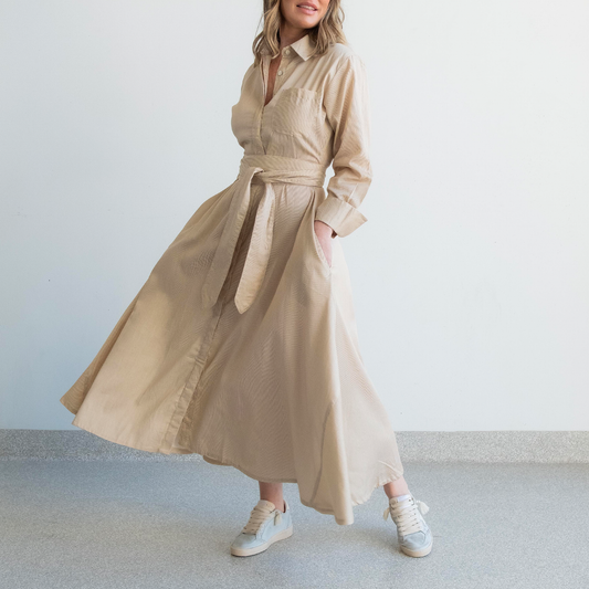 Desert Stripe French Cuff Panel Dress with belt