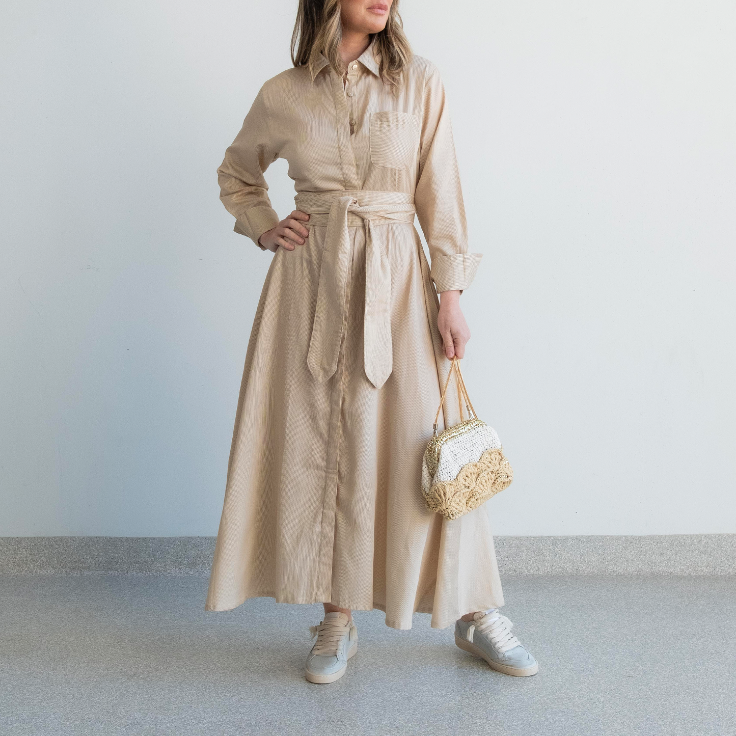 Desert Stripe French Cuff Panel Dress with belt