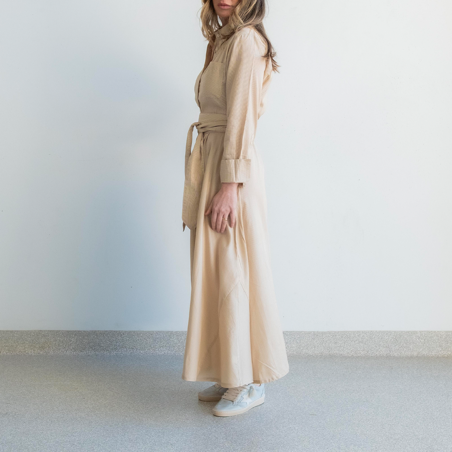 Desert Stripe French Cuff Panel Dress with belt