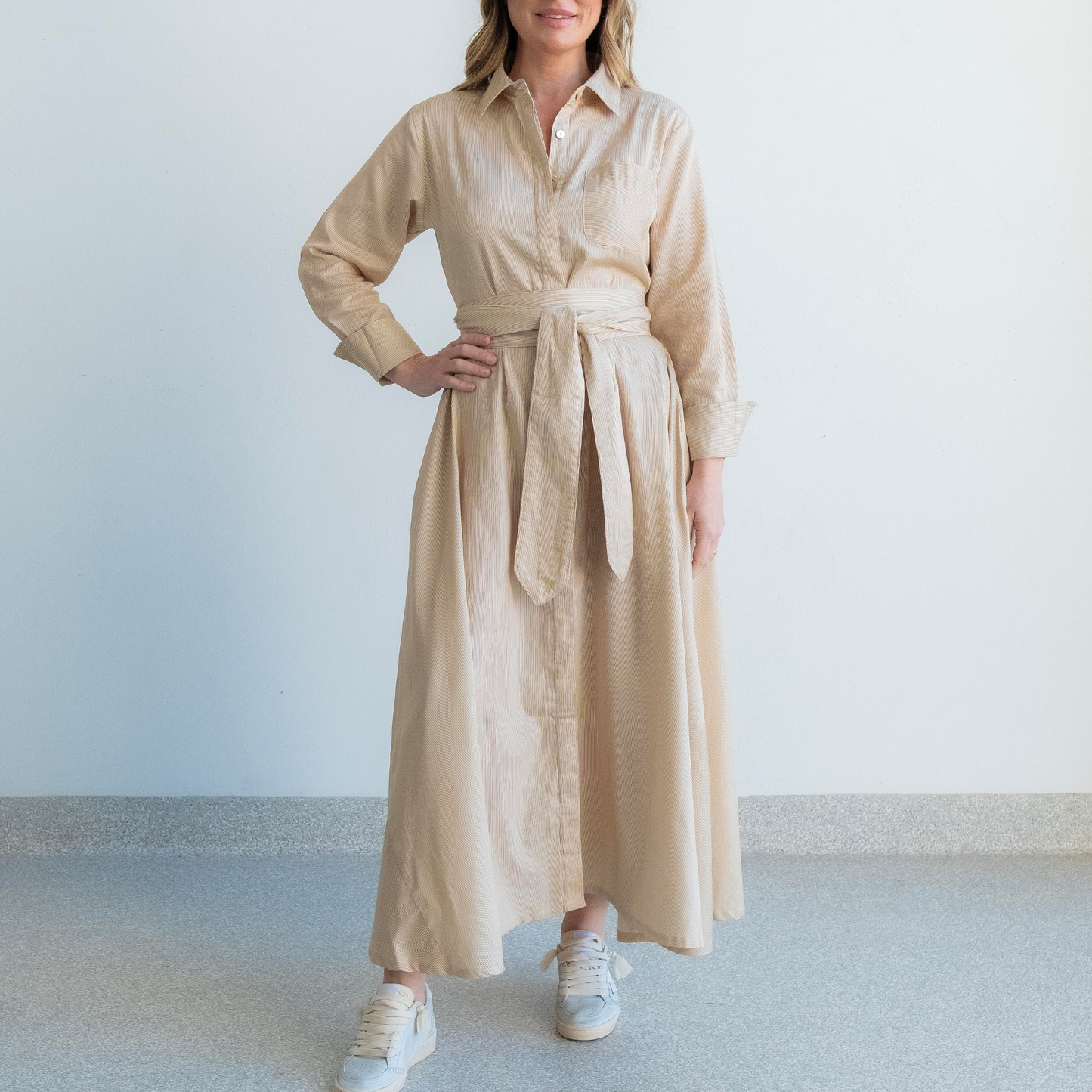 Desert Stripe French Cuff Panel Dress with belt