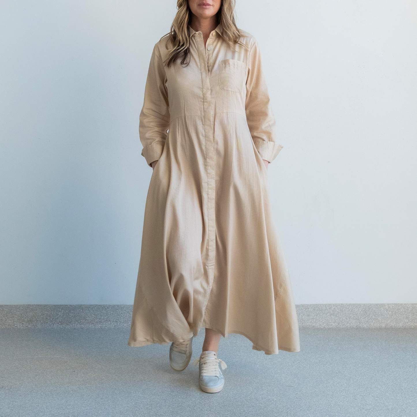 Desert Stripe French Cuff Panel Dress with belt