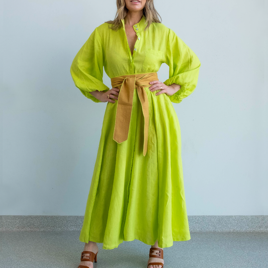 Neon Mela Linen Balloon Sleeve Panel Dress
