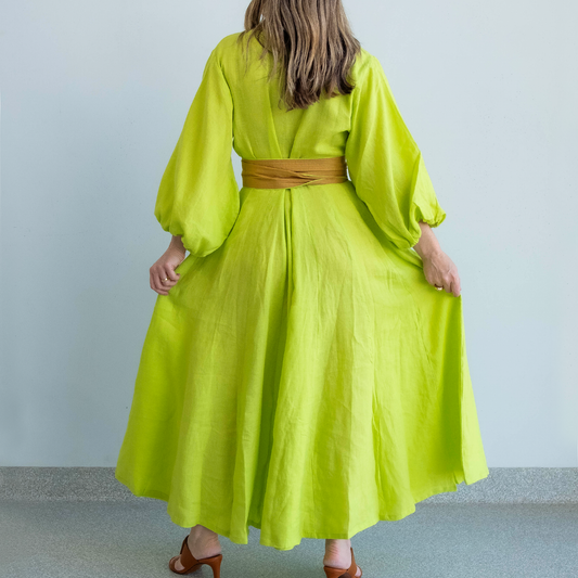 Neon Mela Linen Balloon Sleeve Panel Dress