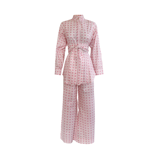 Pastel Pink Rattan Pattern Print Wide Leg Pant