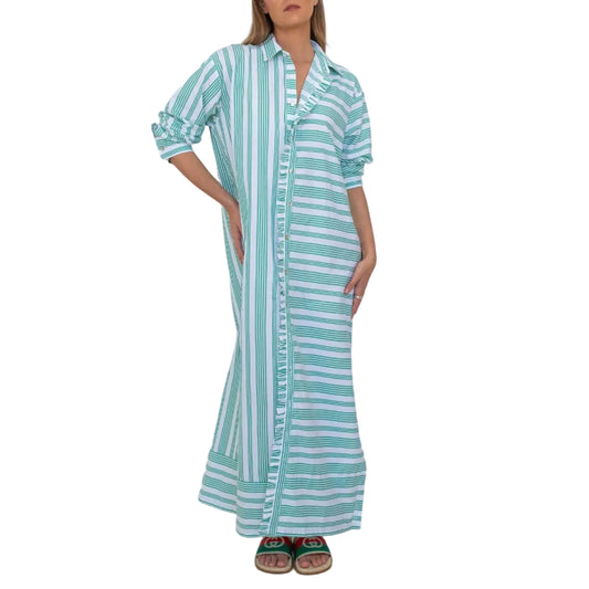 Verde Riviera Long Ruffled Shirt Dress – Green Striped