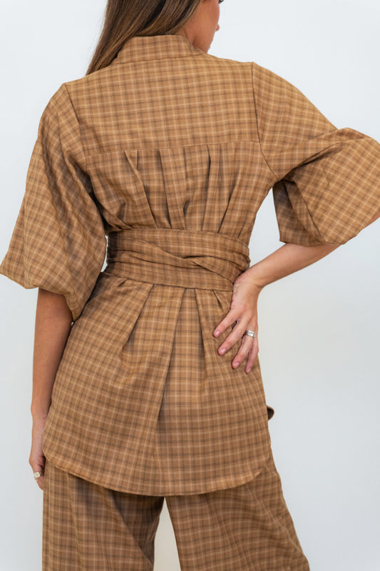 Cappuccino Check Lux Balloon Sleeve Belted Shirt