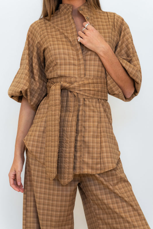 Cappuccino Check Lux Balloon Sleeve Belted Shirt