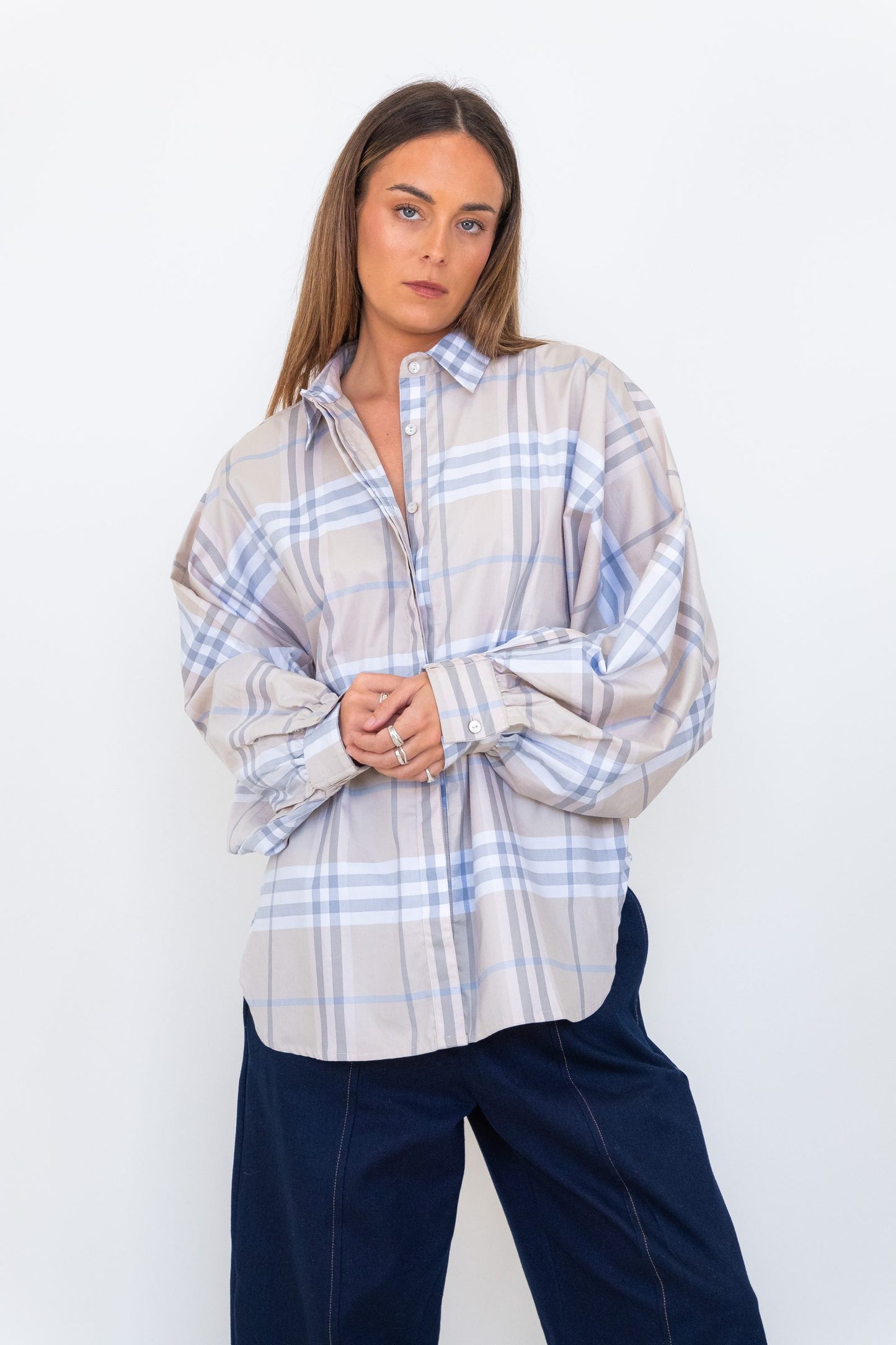 Butterfly Sleeve Shirt - Tan Checks