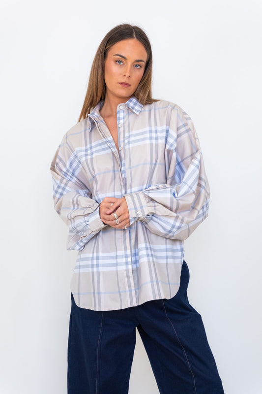Butterfly Sleeve Shirt - Tan Checks