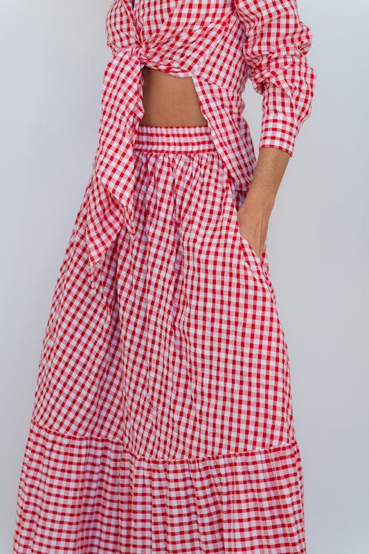 Cherry Check Tiered Cotton Maxi Skirt