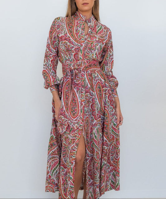 Ruby Red Paisley Panel dress with tie belt — IT'S A FAD. Dress from Noosa, Australia