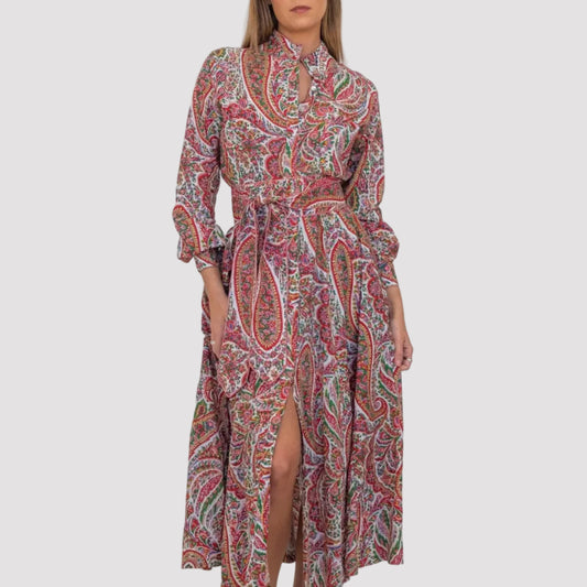 Ruby Red Paisley Panel dress with tie belt — IT'S A FAD. Dress from Noosa, Australia