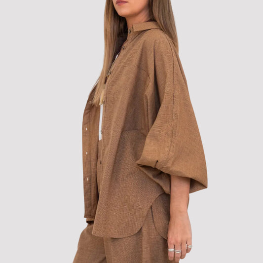 Side view of the Chocolate Prince of Wales Butterfly Shirt, showing the relaxed oversized fit and butterfly sleeve.