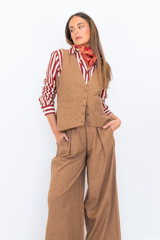 Front view of a model wearing Chocolate Prince of Wales wide-leg pants with the matching check vest and striped shirt.