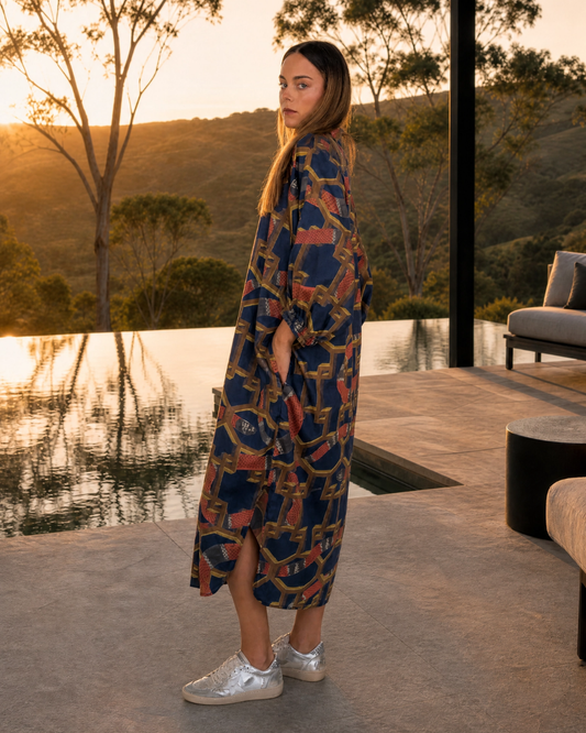 Full-length model wearing the Ophelia Snakes Butterfly Dress beside an infinity pool at sunset.