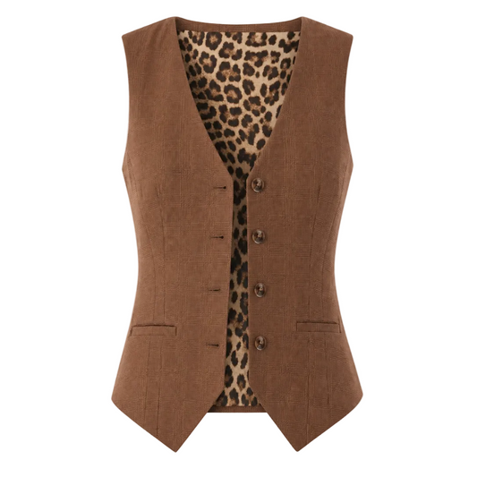Brown vest with leopard print lining on a white background