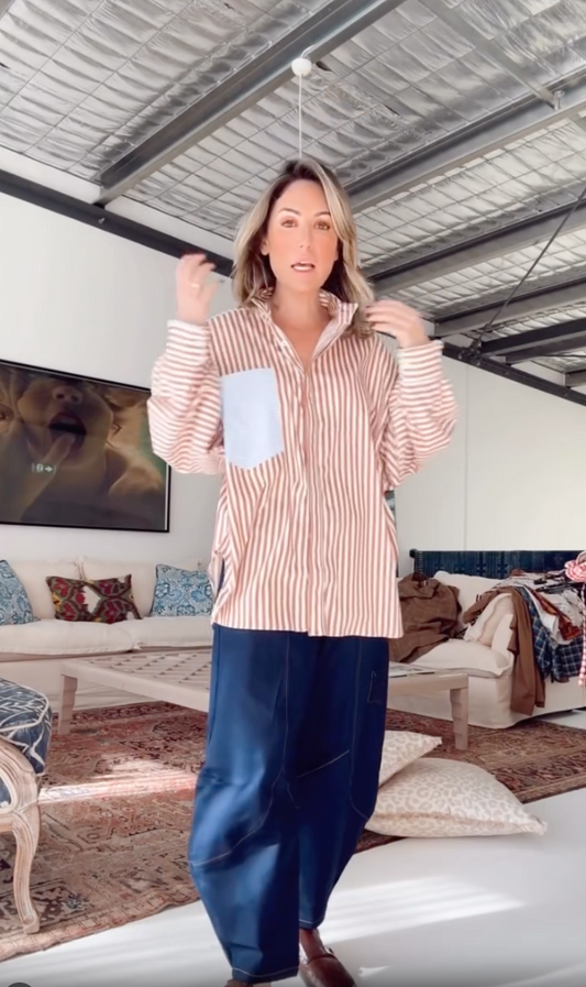 Butterfly Sleeve Shirt - Brown Stripe