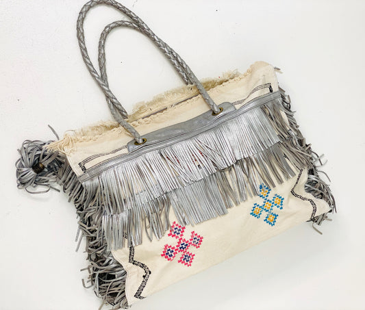 White Cactus Silk with Silver Leather Fringe Weekender