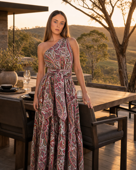 Ruby Red Paisley One-Shoulder Maxi Dress — IT'S A FAD. Dress from Noosa, Australia