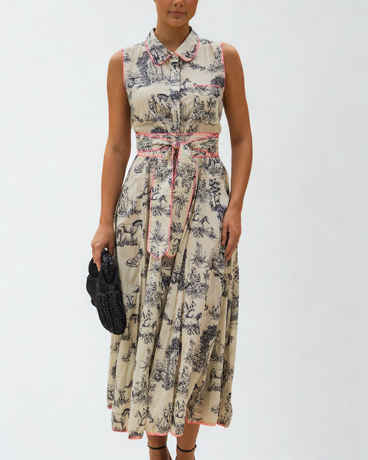 Black & Cream Toile Sleeveless Collar Panel Dress