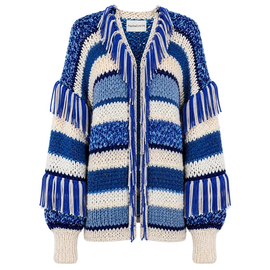 Blue and white striped knitted cardigan with fringe details on a white background