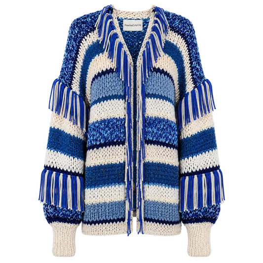 Blue and white striped knitted cardigan with fringe details on a white background