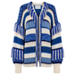 Blue and white striped knitted cardigan with fringe details on a white background