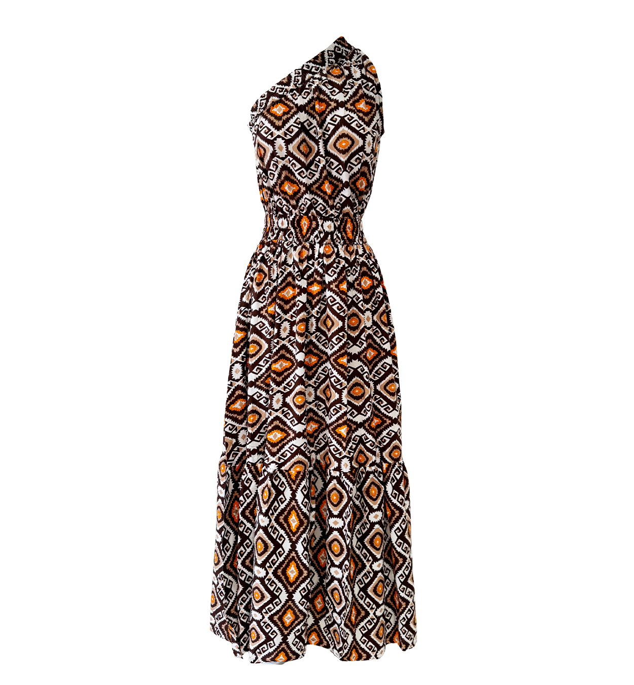 Aztec One Shoulder Belted Tiered Dress