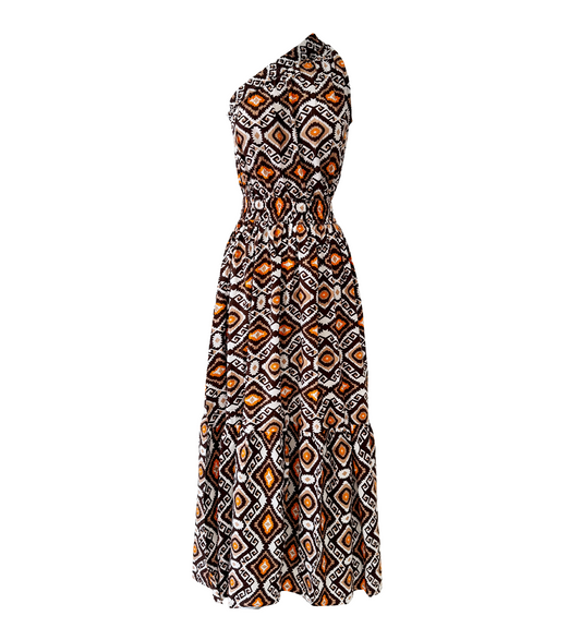 Aztec One Shoulder Belted Tiered Dress