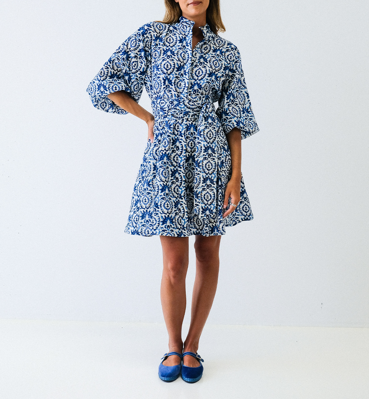 Batik Balloon Sleeve Short Panel Dress