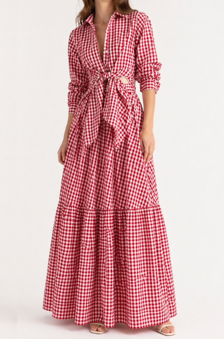 Cherry Check Tiered Cotton Maxi Skirt