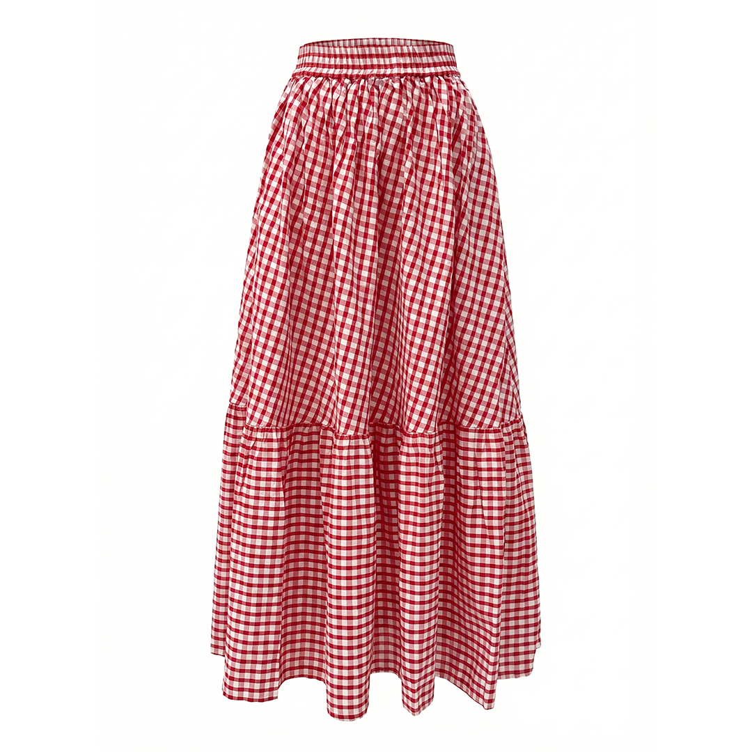 Cherry Check Tiered Cotton Maxi Skirt
