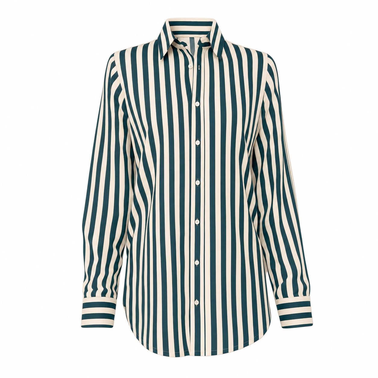 Green and cream striped shirt on a white background