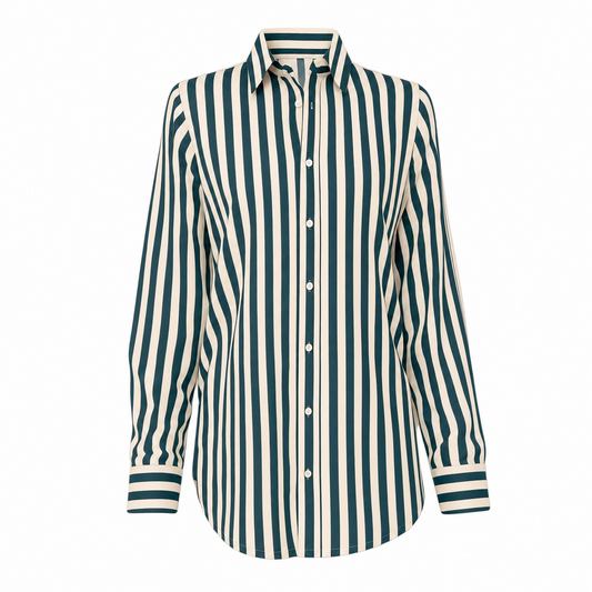 Green and cream striped shirt on a white background