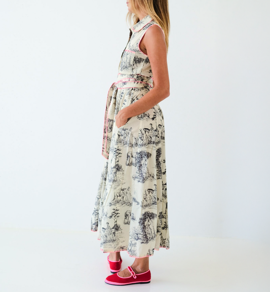 Black & Cream Toile Sleeveless Collar Panel Dress