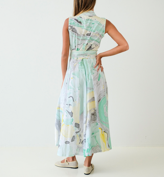 Teal Marbled Sleeveless & Belted Long Panel Dress