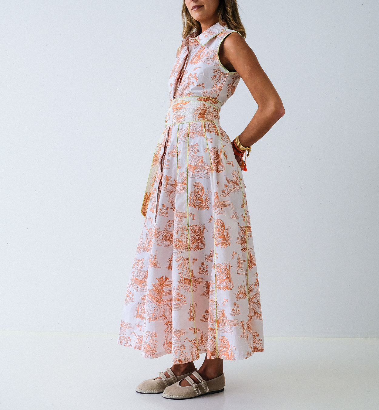 Orange Toile Chinoiserie Sleeveless Panel Dress