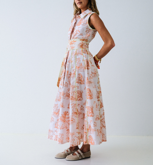 Orange Toile Chinoiserie Sleeveless Panel Dress